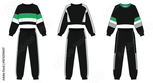 three views of a black tracksuit with green white and gray stripes silhouette high quality professional