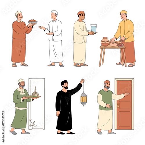 Ramadan Hospitality: Depiction of various individuals engaged in acts of hospitality and charity during Ramadan, offering food, water, and goodwill to others.