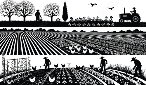Rural farming landscape silhouette vector illustration showing agriculture fields, farmers working, tractor, crops, poultry, trees, and countryside scenery for vintage farm design