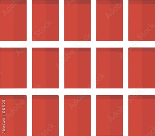 A repetitive pattern of fifteen red brick-like shapes arranged neatly in a grid. This image features a clean and minimalist graphic design, showcasing fifteen identical rectangular shapes. Each rectan