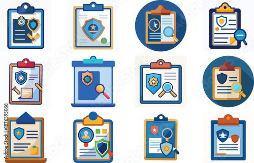 Police Investigation Board Icon with Shield and Star on Clipboard vector illustration