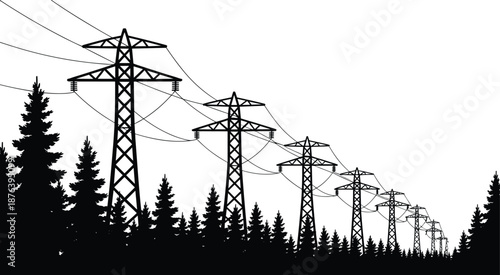 High voltage power transmission towers silhouette in forest landscape, electricity grid infrastructure, energy distribution network, industrial technology, black white illustration