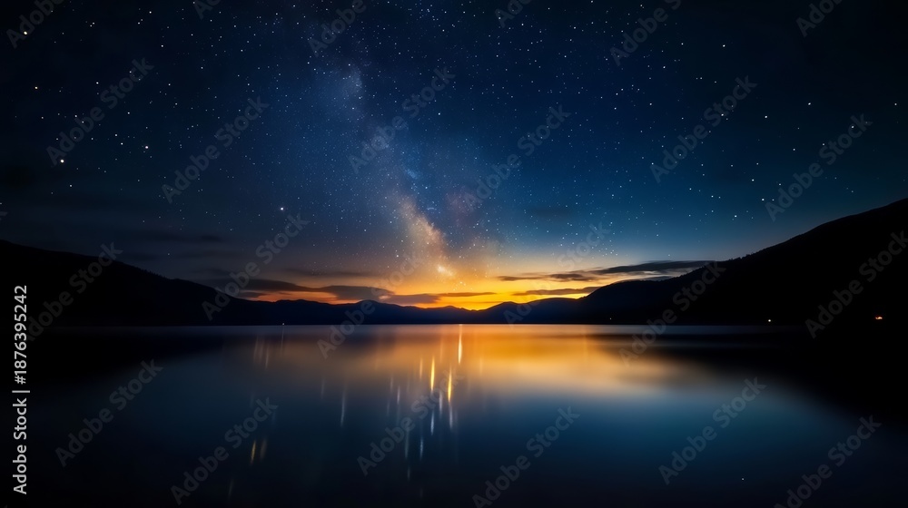 Fototapeta premium Starlit night sky reflection over calm lake nature photography tranquil environment serene view captivating landscape scene
