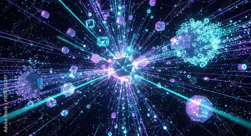 Fototapeta premium Vibrant digital network explosion with glowing lines and shapes