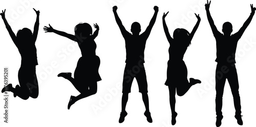 Jumping people silhouette vector set showing happy men and women celebrating success, freedom, energy for motivation, lifestyle, advertising designs.
