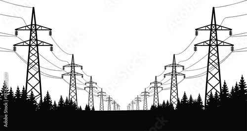 High voltage power transmission towers silhouette through forest corridor, electricity grid infrastructure, energy distribution network, industrial technology, black white illustration