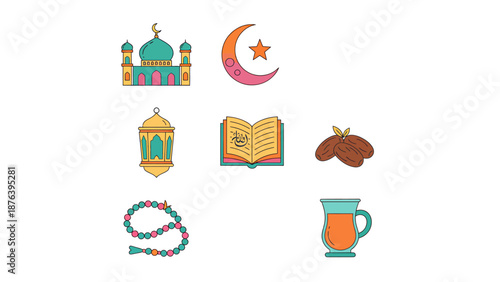 Vibrant Islamic Ramadan icons set for cultural celebrations