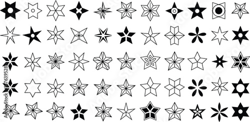 Star shape variation grid vector illustration with 60 geometric and abstract five-pointed designs for pattern, symmetry, and decorative themes