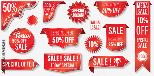 Special offer red Patches, Sale banner sticker design, online shopping web banners patches. Sale tags, Special  offer  flags, Sale icons of corner bookmark design, 50% Off discount red design tags