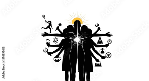 Silhouetted Couple with Multiple Arms and Symbols.