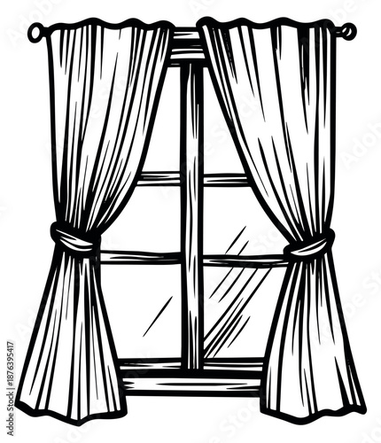 Hand drawn line art illustration of a window with curtains depicting tied back drapes for home interior