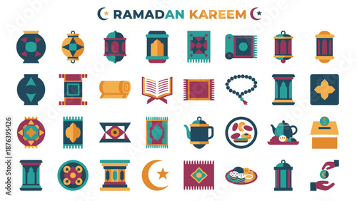 Vibrant Ramadan Kareem icons set for festive designs
