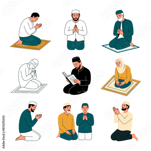 Prayer: A collection of illustrations depicting Muslim individuals engaged in prayer, each person immersed in a moment of spiritual reflection and devotion.