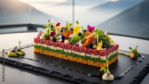 Gourmet Beef Tartare Layered with Vegetables and Edible Flowers on Slate Plate with Mountain View