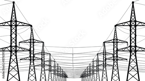 High voltage power transmission towers stretching in perspective, electricity infrastructure, energy distribution lines, industrial grid symmetry, black and white illustration