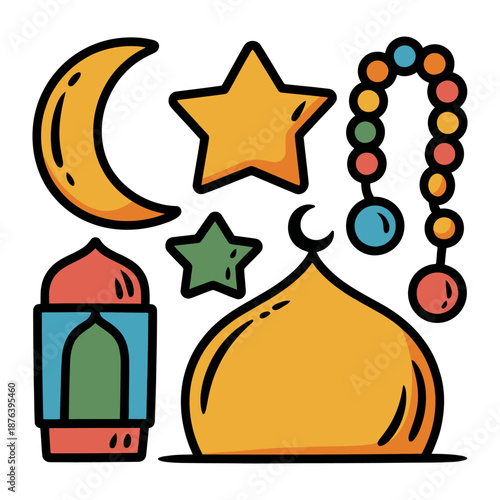 Celebrating Ramadan: A collection of vibrant illustrations capturing the spirit of Ramadan. Featuring a crescent moon, stars, prayer beads, and mosque.