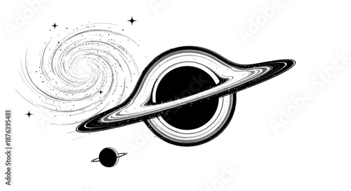 Black Hole with Ringed Planet and Satellite.