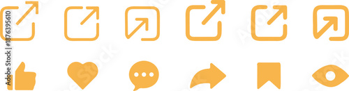 Yellow-orange UI icon set vector illustration with external link, like, heart, comment, reply, bookmark, and view symbols