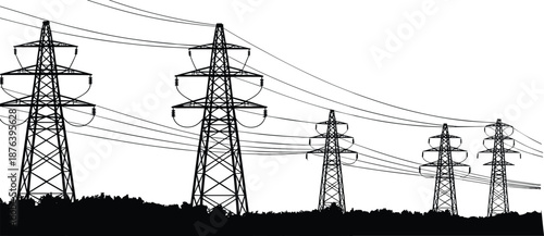 High voltage transmission tower silhouette, electric power pylons and overhead lines, energy distribution infrastructure, industrial electricity network, utility grid landscape
