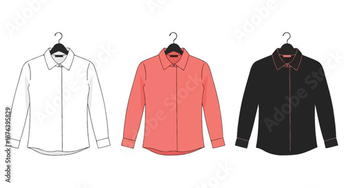 three shirts with different colors hanging on hangers in silhouette high quality professional detailed modern elegant