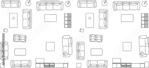 Living room furniture layout plan, top view sofa and table arrangement, interior design floor plan, architectural flat vector illustration