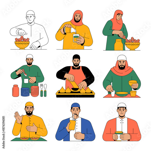 Islamic Cuisine Preparation: Depicting a series of figures meticulously preparing traditional Islamic cuisine, emphasizing the cultural richness and meticulousness of the culinary process.