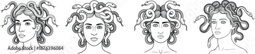 Medusa inspired mythological female portraits with snake hair, line art illustration, Greek mythology character, surreal fantasy faces, black and white