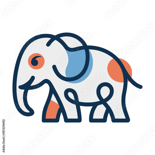 Colorful illustration of a smiling elephant with orange and blue accents icon