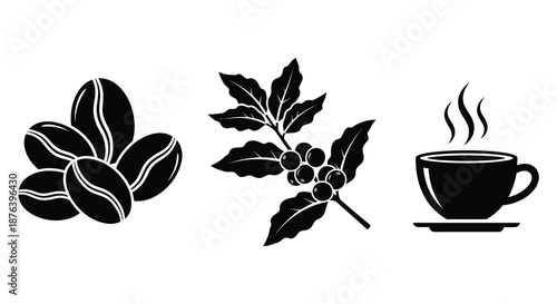 coffee beans and leaves with a steaming cup silhouette high quality professional detailed modern elegant stylish