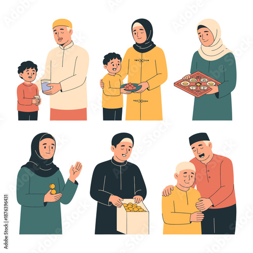 Islamic Community's Gathering: A visual representation of family unity and charity, highlighting shared meals, gifts, and the spirit of generosity.