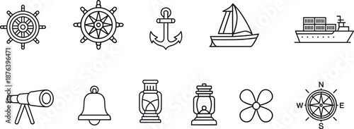 Nautical marine outline icon set with ship wheel anchor boat compass lantern sailing navigation sea vector illustration