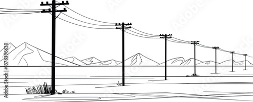 Power line poles extending through open landscape with mountains, electricity distribution infrastructure, linear perspective, black and white illustration