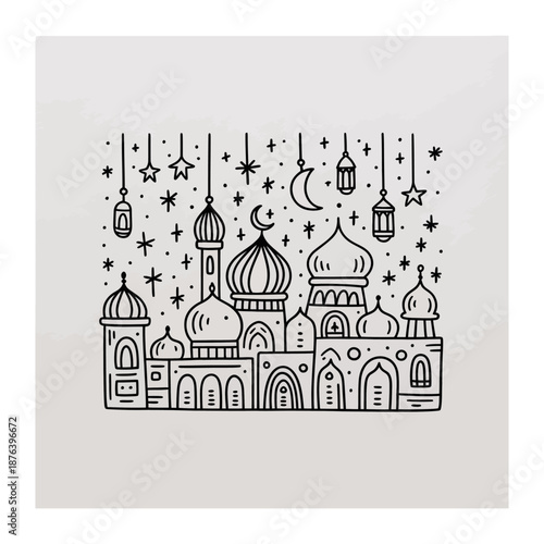 Ramadan Nights: a detailed, vector illustration capturing the festive spirit of Ramadan, showcasing mosques, minarets, and celestial elements under a starry sky.