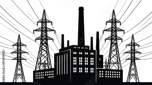Power plant silhouette with transmission towers, industrial factory building, high voltage electricity lines, energy production infrastructure, black vector i