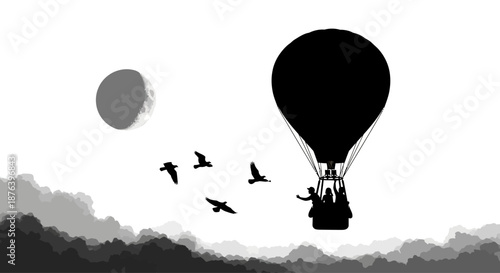 Hot Air Balloon Flying with Birds.
