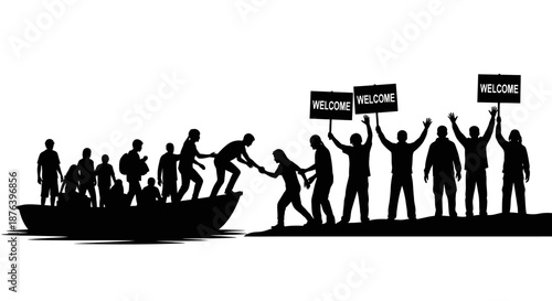 Silhouettes of People Welcoming Refugees to Safety.