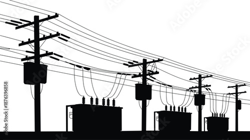 Power line silhouette illustration, electrical transformers and utility poles, energy distribution infrastructure, industrial technology, urban grid, electricity supply, engineering concept