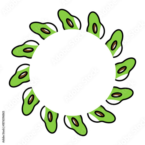 Circular wreath made of stylized avocado halves with green flesh and brown seeds. Ideal for food-themed designs, labels, and healthy lifestyle visuals