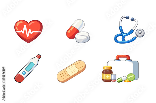 Medical and Healthcare Vector Icon Set - Heart, Pills, Stethoscope, and First Aid