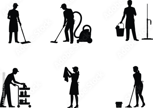 Professional cleaning service worker silhouette set with vacuum mop bucket janitorial housekeeping black and white vector illustration