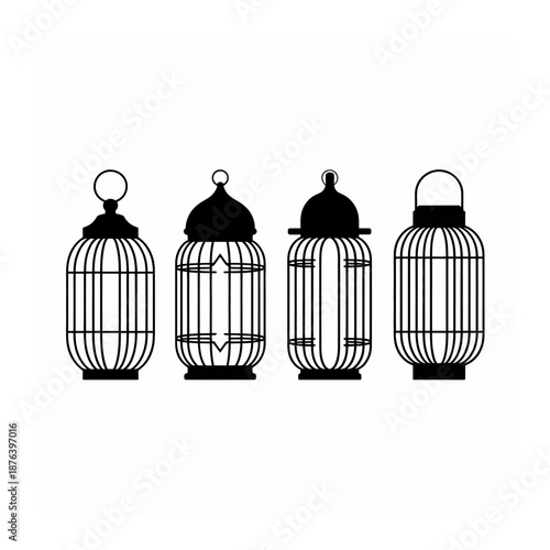 Elegant Lanterns in Silhouette: A set of four meticulously designed lanterns stands out in silhouette against a clear, minimal backdrop, exuding a sense of timeless design and refined simplicity.