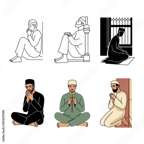 Set of praying: A collection of various images and illustrations, each depicting a figure engaged in a moment of prayer and reverence. Each image captures a different representation of prayer. 