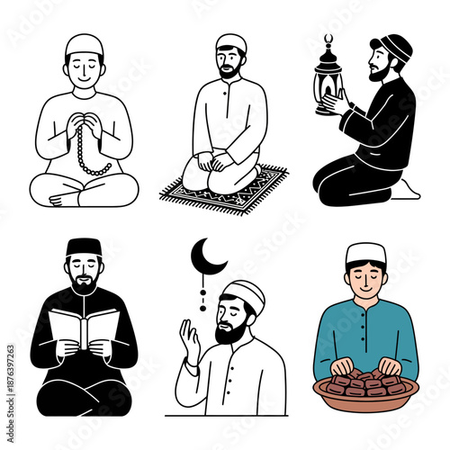 Muslim Rituals: Illustration of muslim practicing various rituals like praying, holding prayer beads, reading the Quran, holding lamp and eating dates. Capturing the peace and traditions.