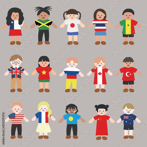 国旗風の服を着たバラエティ豊かな子供たちのイラストセット