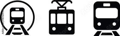 Train metro tram icon set, public transportation symbols, railway transit pictograms, urban travel, black silhouette vector illustrationTrain metro tram 