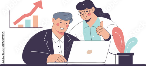Business mentorship and growth strategy analysis with laptop and rising chart illustration