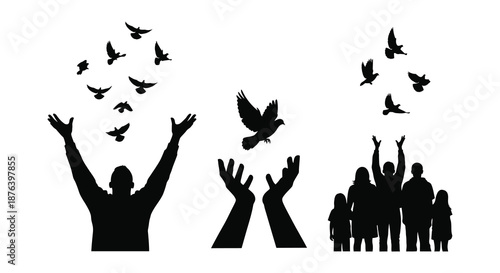 black silhouette of people with hands up and birds flying around silhouette high quality professional detailed