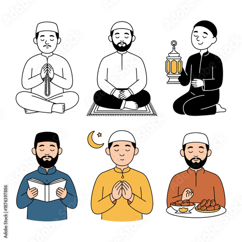Muslim Praying: A selection of illustrated Muslim individuals engaged in various acts of devotion and observance.  The illustration displays prayer, scripture, and meals.