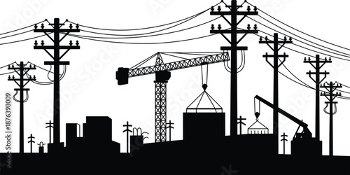 Urban construction silhouette with power lines and cranes, city infrastructure development, electricity distribution network, industrial growth, engineering, architecture, black white illustration