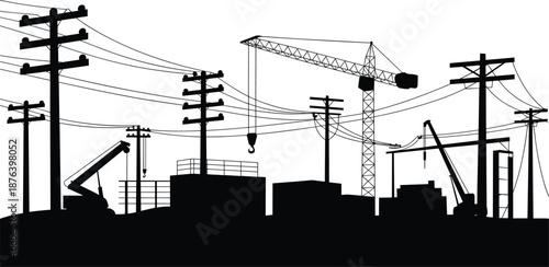 Urban construction silhouette with power lines and cranes, utility poles, electricity infrastructure development, industrial city skyline, energy grid network illustration